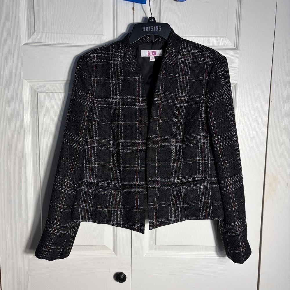 Vintage 9&CO Plaid Blazer Women 16 Black Red Cropped Y2K Suit Jacket Open Front